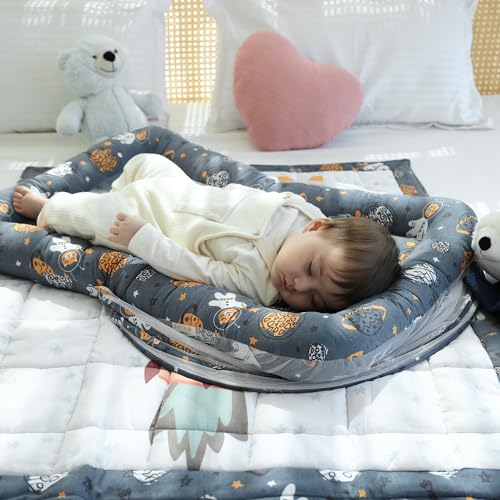 TIDY SLEEP Baby Bed with Mosquito Net Neck Pillow Baby Gadda Set for New Born 0M Printed Baby Gadda Baby Sleeping Bed of 90cm x 65cm x 10cm Space