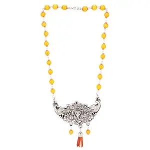 Yellow Beads Oxidized Genesha Pendant Silver Necklace