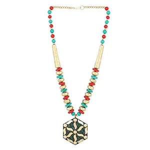 Red Golden Wooden and Metal Beads Necklace for Women