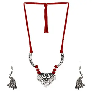 Designer Peaock Style German Silver Necklace with Peacock Earrings for Women and Girls