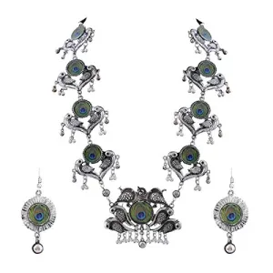 Antique German Silver Oxidised Plated Tribal Afghani Necklace Set with Earrings for Women