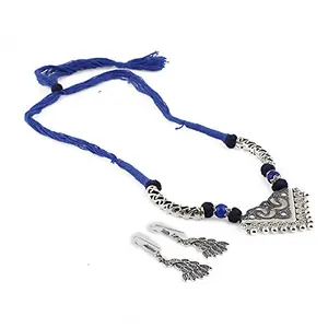 Designer Blue Thread German Silver Necklace with Earrings for Women and Girls