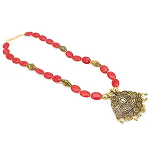 Red Onyx Stone Beads Oxidized Golden Necklace for Women