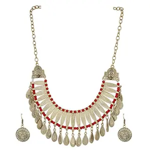 Oxidized Gold with Red Beads Tribal Necklace with Earrings for Women and Girls