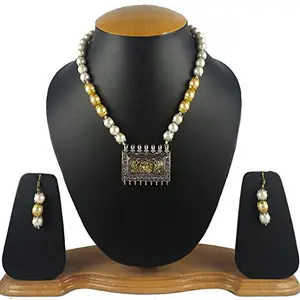 Antique Oxidized German Silver Pendant Designer Pearl Necklace with Earrings for Women and Girls