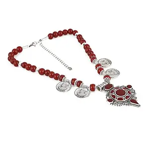 High Finished Silver and Acrylic Maroon Tibetan Style Beads Necklace with Antique Pendant for Women and Girls