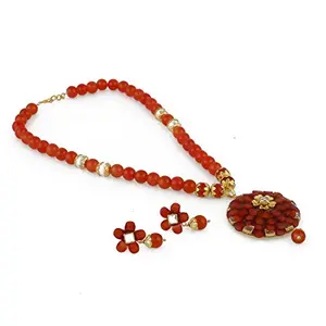 Designer Orange Fashion Beads and Square Kundan Necklace Set with Earrings for Women and Girls