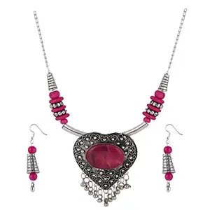 Designer Heart Shaped Metal and Pink Stone Tibetan Silver Oxidised Necklace Set for Women
