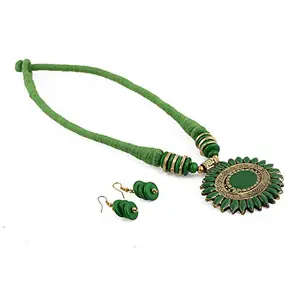 Designer Fashion Green Thread Necklace with Antique pendanyt and Earrings for Girls