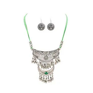 Light Green Thread Oxidized Silver Necklace with Earrings for Women