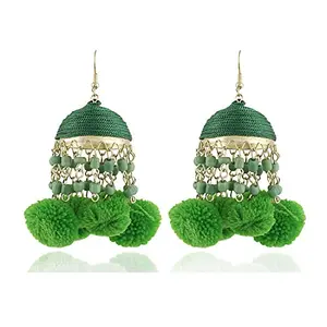 Designer Green Colour Dangle and Drop Pom Pom Earrings for Women & Girls