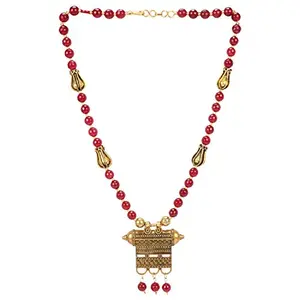 Oxidized Golden Pendant Maroon Onyx Beads Necklace for Women