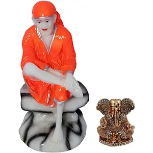 Combo of 2 Idol Lord Sai Baba & Car Dashboard God Ganesha Statue - Marble Look & Gold Plated Handicraft Decorative Home & Temple D©cor God Figurine/Statue Gift Item