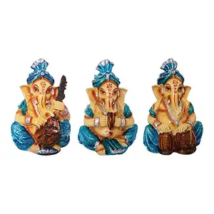 Earthenware Musical Shri Ganesh Statue for Home (Multicolour Standard) - Combo of 3 Pieces