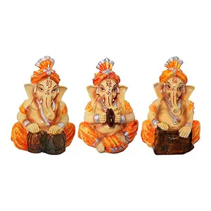 3 Piece Combo Earthenware Musical God Shri Ganesh Statue Handicraft Decorative Spiritual Puja Vastu Showpiece Figurine
