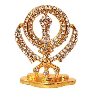 Brass 24 K Gold Plated With Stones Punjabi Khanda Car Dashboard Idol Handicraft Statue & Decorative Spritual Puja Vastu Showpiece - Religious Pooja Gift Item & Murti for Gurudwara / Temple / Home Decor / office / Study Table