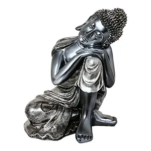 Earthenware Silver Finish Meditating Resting Samadhi SleepingLord Buddha Handicraft Idol God Statue Puja Vastu Showpiece Figurine for Mandir/Temple/Home Decor (Standard Grey)
