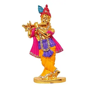 Brass 24 K Gold Plated and Multicolour with Stones Hindu God Shri Krishan Car Dashboard Statue Showpiece Figurine