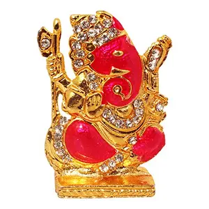 Brass 24 K Gold Plated with Stones Hindu God Shri Ganesh Car Dashboard Statue Lord Ganesha Idol Bhagwan Ganpati Handicraft Spiritual Puja Vastu Showpiece Figurine (Pink Standard Size)