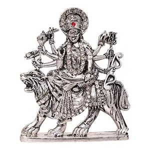 Brass Silver Plated With Stones Hindu Goddess Durga Devi Handicraft Statue Sherawali Mata Rani / Maa Kali Decorative Spiritual Puja Vastu Showpiece Figurine - Religious Pooja Gift Item & Murti for Mandir / Temple / Home / office