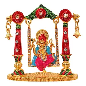 Brass 24 K Gold Plated with Stones Shri Ganesh Car Dashboard Statue Vastu Showpiece for Mandir/Temple/Home Decor/Study Table (Pink)