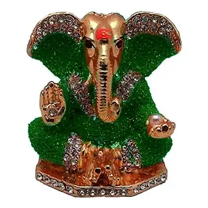Handicraft Brass Antique Look with Stones Hindu God Shri Ganesh Car Dashboard Statue Standard Size Green
