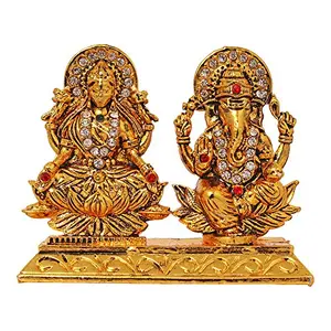Brass 24 K Gold Plated With Stones Lord Laxmi Ganesha Statue Hindu Goddess Laxmi And God Ganesh Handicraft Idol