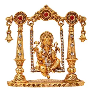 Bhagwan Ganesha Murti Mini Brass Dashboard Statue Figurine in Swing/Divine Elephant God Decorative Showpiece Idol for Success/Hindu Religious Lord Ganpati Vinayaka Resting Pooja Sculpture