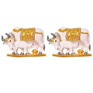 Brass 24 K Gold Plated with Stones Kamdhenu Cow N Calf Idol (Multicolour Standard) - Set of 2