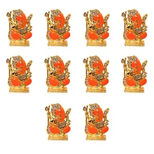 Set of 10 Brass 24 K Gold Plated With Stones Hindu God Shri Ganesh Car Dashboard Statue Lord Ganesha Idol Bhagwan Ganpati Handicraft Decorative Spiritual Puja Vastu Showpiece Figurine - Religious Pooja Gift Item & Murti for Mandir / Temple / Home Decor /