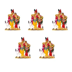 Set of 5 Brass 24 K Gold Plated With Stones Lord Radha Krishna Car Dashboard Love Couple Statue Hindu Goddess Radha and God Shri Krishan Handicraft Idol Makhan Chor / Bal Gopal Decorative Spiritual Puja Vastu Showpiece Figurine - Religious Pooja Gift Item