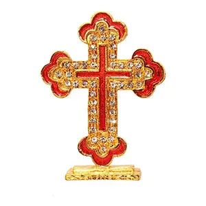 Brass 24 K Gold Plated with Stones Christian/God Jesus Cross Sign Car Dashboard (Red Standard Size)