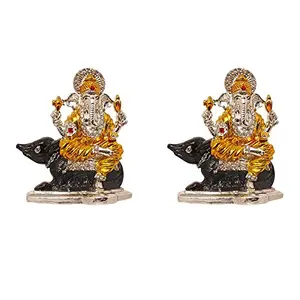 Set of 2 Brass 24 K Gold Plated With Stones Hindu God Shri Ganesh Car Dashboard Statue Lord Ganesha Idol Bhagwan Ganpati Handicraft Decorative Spiritual Puja Vastu Showpiece Figurine - Religious Pooja Gift Item & Murti for Mandir / Temple / Home Decor / o