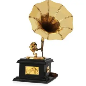 Handmade Wooden Vintage Gramophone Brass Showpiece 9 Inch Height