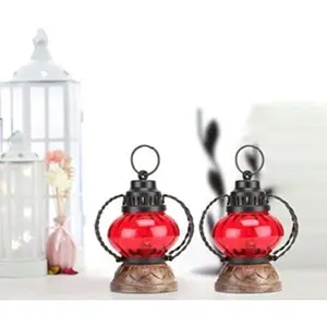 Red Wooden & Glass Small Lantern Pack of 2