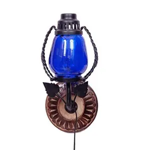Wooden & Iron Fancy Wall Hanging Electric Chimney Lamp Sise(LxBxH-6x5x11) Inch Color Blue