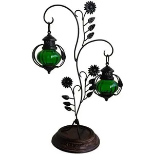 Attractive Glass with Metal Candle Stand Lantern Green