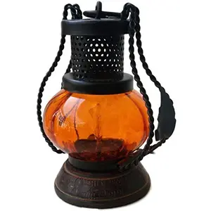 Wooden & Iron Hand Carved Colored Chimney Lantern Design Orange