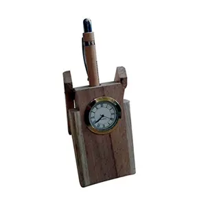 Wooden Pen Stand with Clock (White)