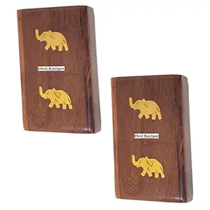 Wooden Pocket Cigarette Case Holder Stand Hand Carved Brass Ele. Design Handicraft (Set of 2)