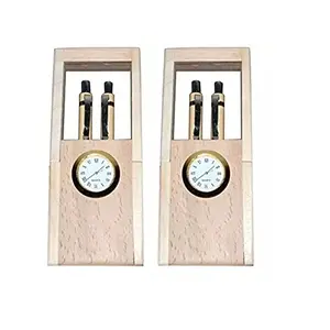 Brown Wooden Handicrafts Showpiece Pen Stand With Clock Pack Of 2