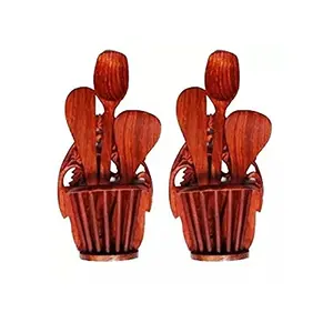 Beautiful Wooden Hand Carved Wall Hanging Kitchen Ware Holder with 3 Spoon Pack of 2