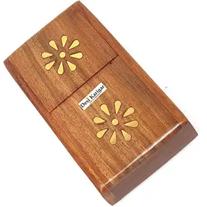 Wooden Pocket Cigarette Case Holder Stand Hand Carved Brass Flower Handicraft