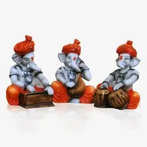 Ganesha Playing Veena Tabla and Harmonium Polyresine Idol (12.7 cm x 12.7 cm x 12.7 cm Set of 3)