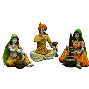 Man with Hukka and Lady with Chaas and Mirchi Polyresine Showpiece (15.24 cm x 15.24 cm x 12.7 cm Set of 3)