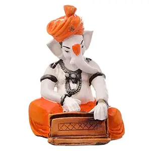India Polyresine Ganesha Playing Harmonium - Orange & White