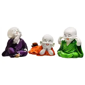 India Handcrafted Set of 3 Resine Little Laughing Buddha Monk Sculpture | Buddha Idols for Home Decor