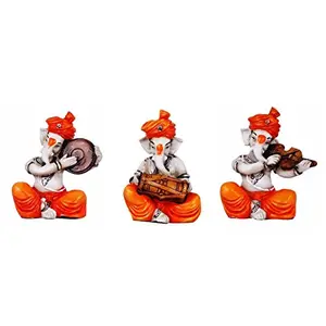 India Polyresine Set of 3 Orange Dhoti & Turban Ganesha Playing Instruments Showpiece