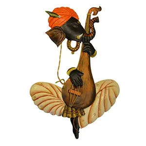 India Wrought Iron Ganesha Playing Veena Wall Hanging