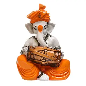 India Polyresine Orange & White Ganesha Playing Dholak